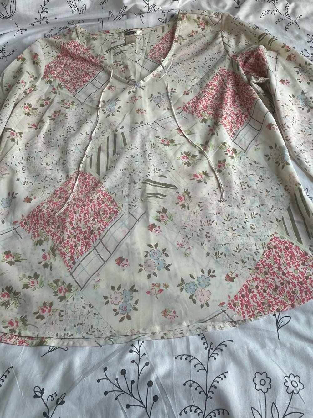 Old Navy Cream Floral Patchwork Blouse with Pink Accents